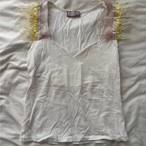 White Feather-Trimmed Women's Top